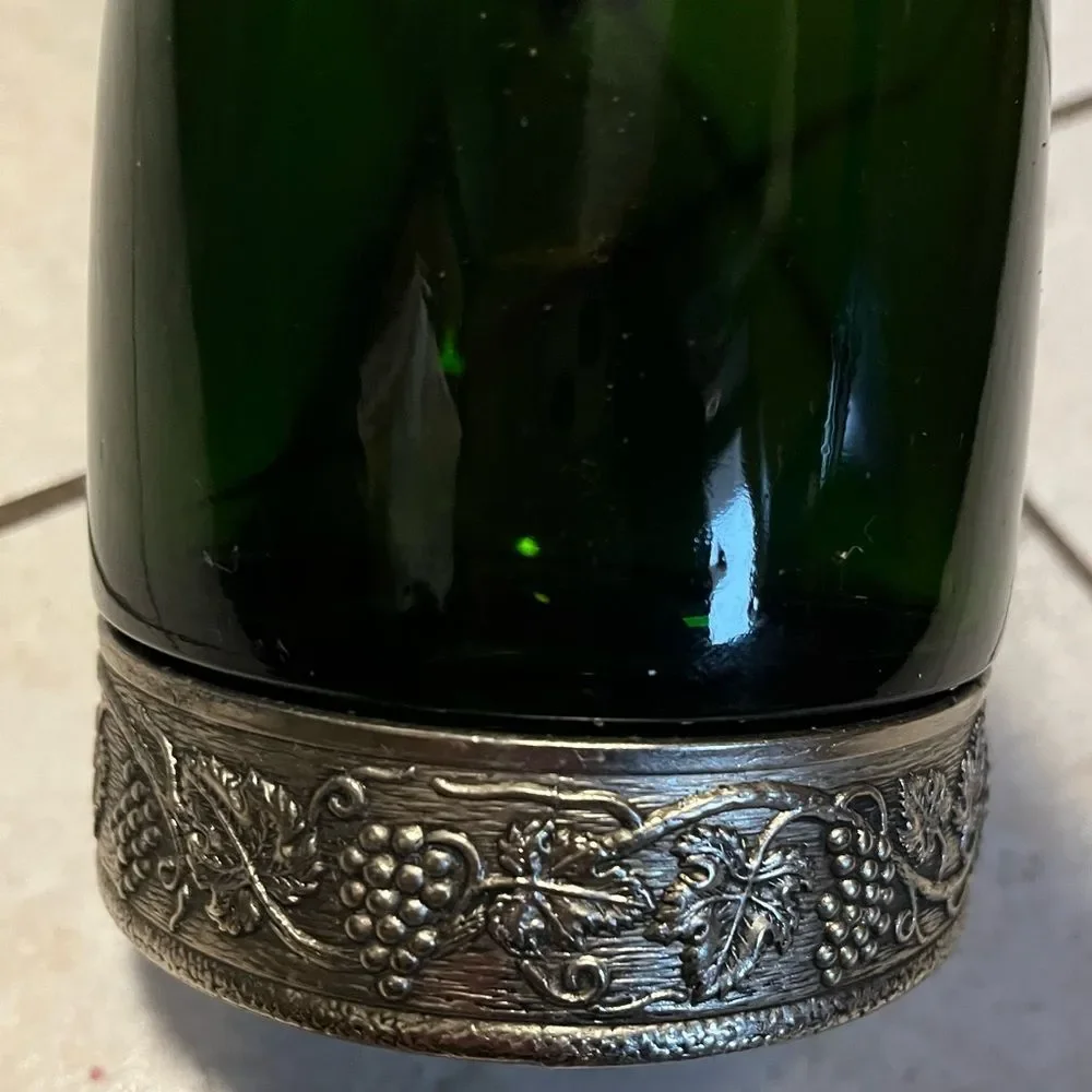 Vintage Segura Viudas glass dark green empty vine bottle with lid, Pewter decor.
